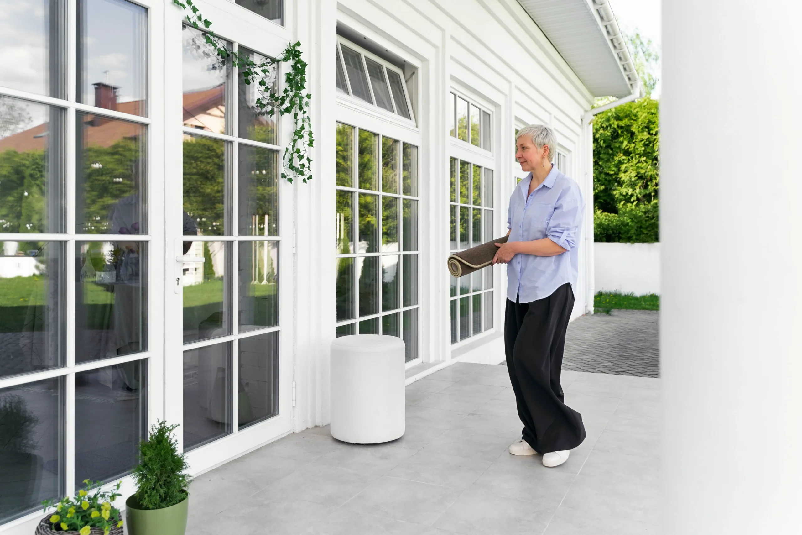 full shot woman decorating front door outside 11zon 11zon