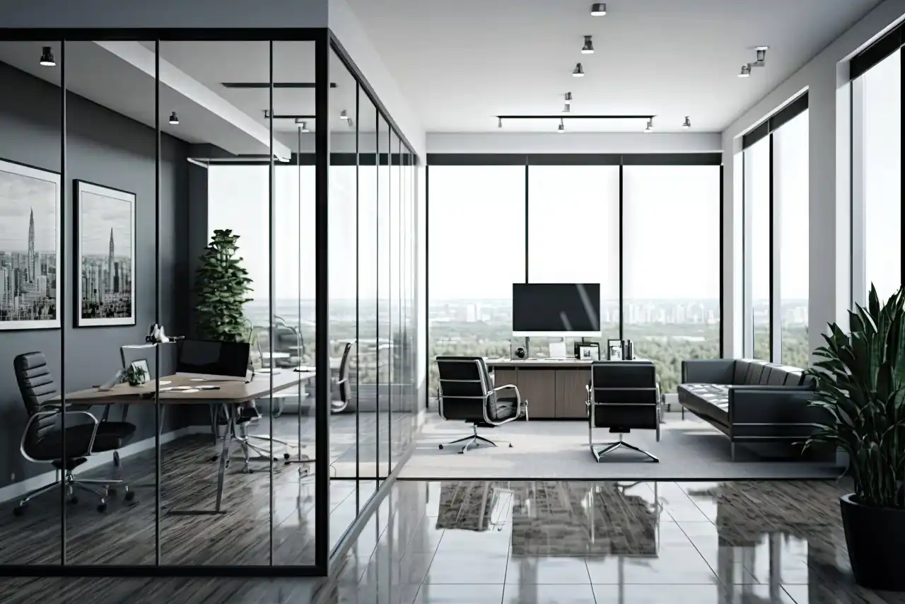 sleek highly advanced office space with glass walls floortoceiling windows stateofthe art technology min scaled 11zon (1)