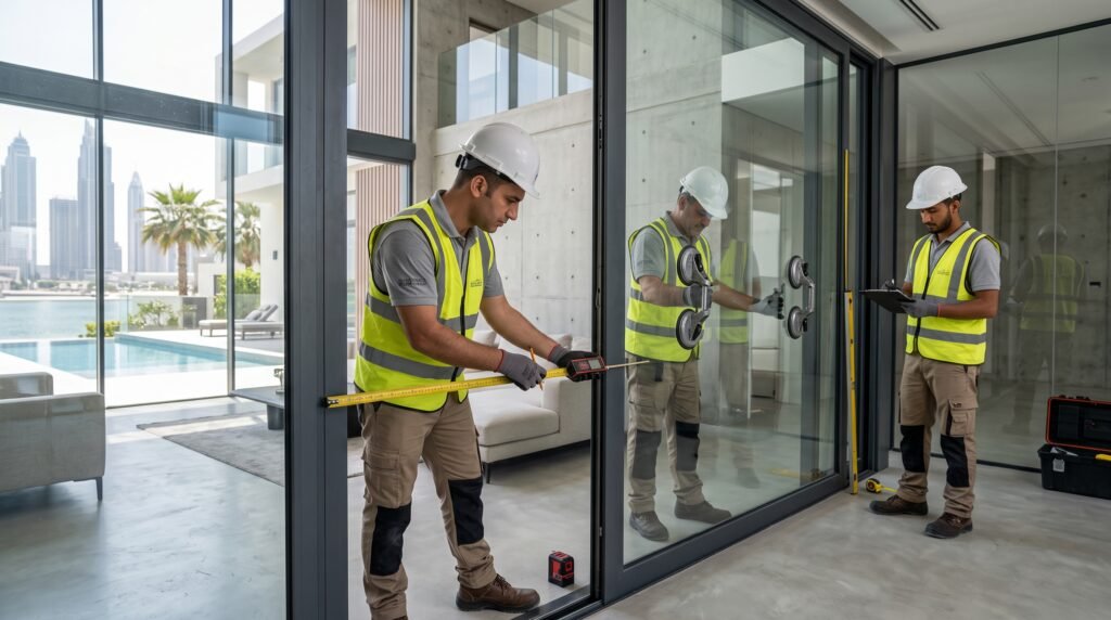 Professional glass installation team measuring glass panels at a Dubai property